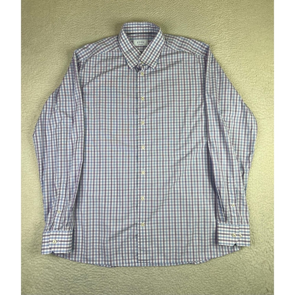 Eton‎ Dress Shirt Mens 18 46 34/35 Purple Blue Gingham Contemporary Cotton LS